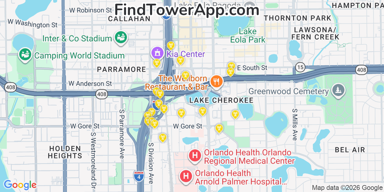 Map showing the 20 primary cell tower locations detected in Orlando, Florida from AT&T, Verizon, and T-Mobile networks