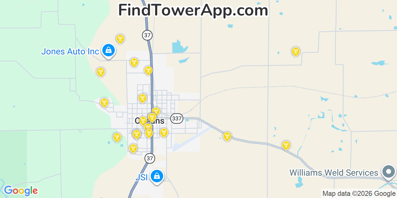 Map showing the 20 primary cell tower locations detected in Orleans, Indiana from AT&T, Verizon, and T-Mobile networks