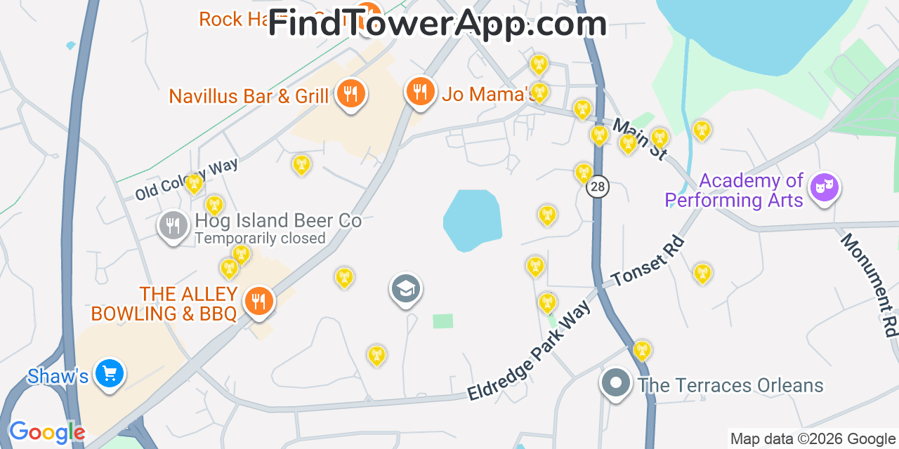 Map showing the 20 primary cell tower locations detected in Orleans, Massachusetts from AT&T, Verizon, and T-Mobile networks