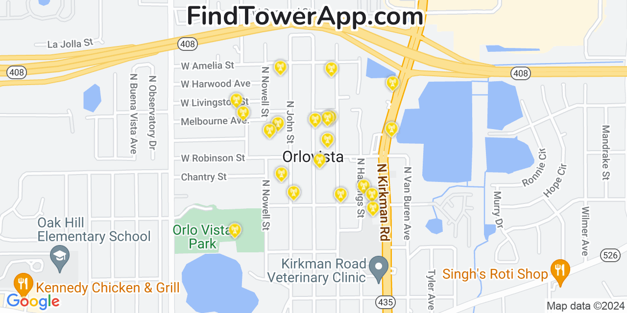 AT&T 4G/5G cell tower coverage map Orlovista, Florida