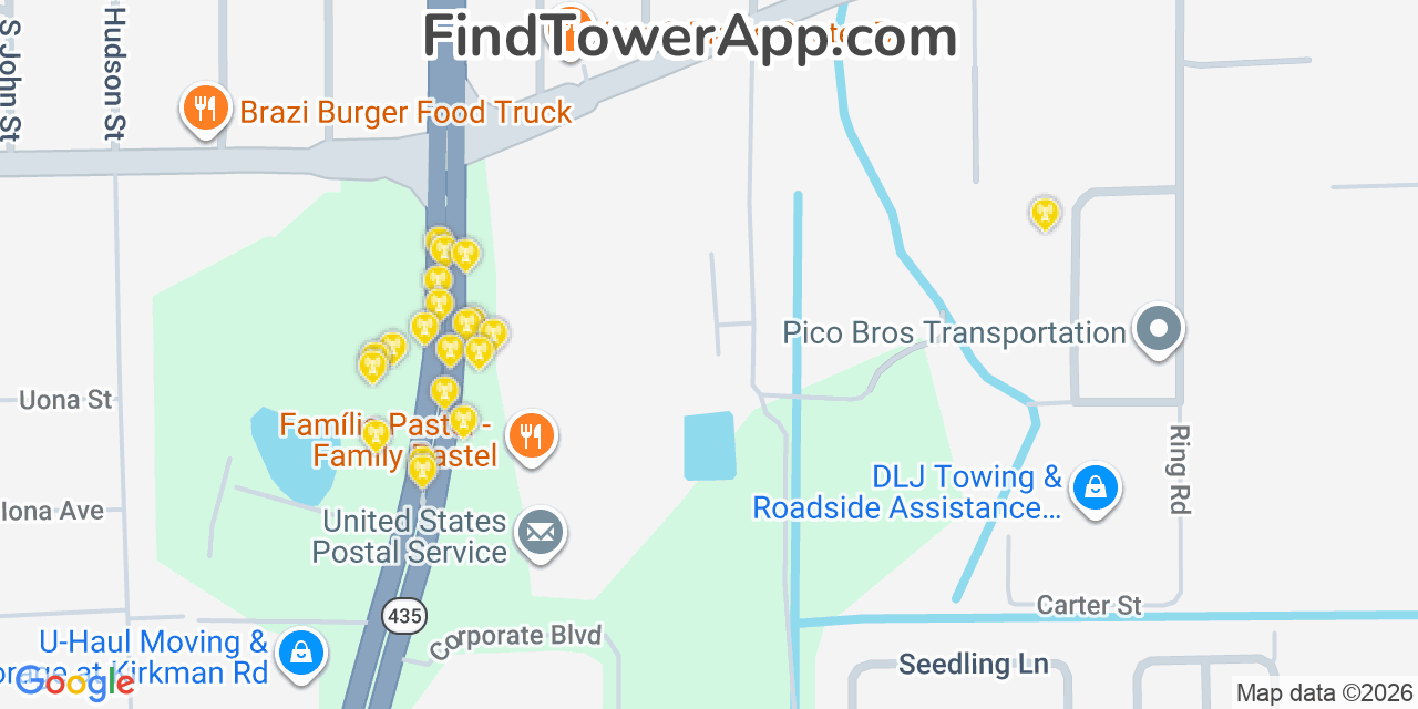 Map showing the 20 primary cell tower locations detected in Orlovista, Florida from AT&T, Verizon, and T-Mobile networks