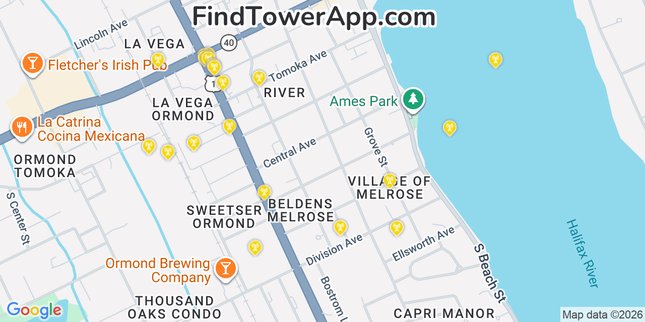 Map showing the 20 primary cell tower locations detected in Ormond Beach, Florida from AT&T, Verizon, and T-Mobile networks