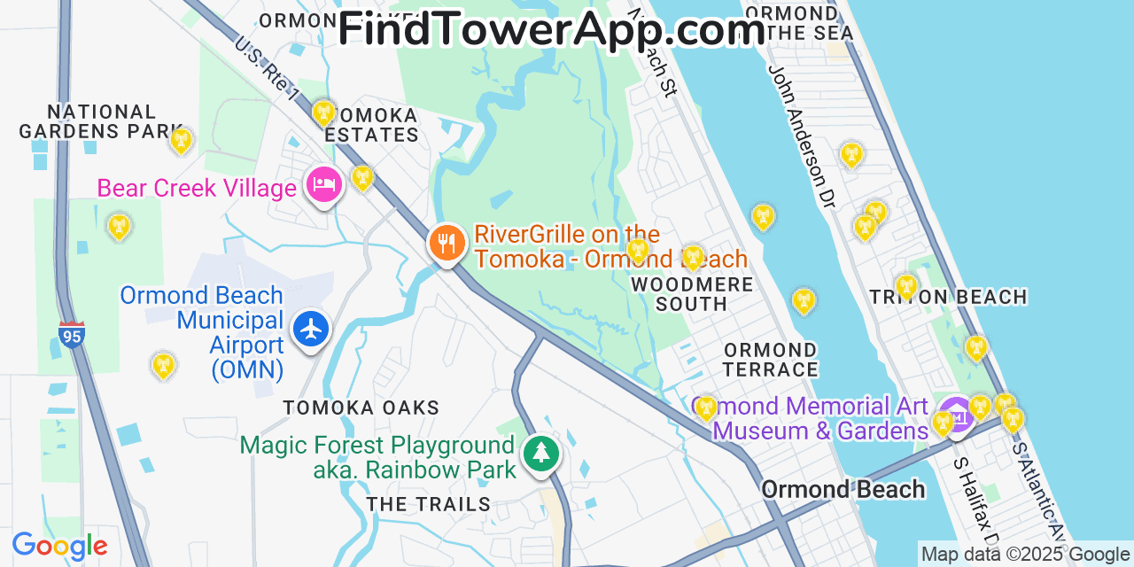Map showing the 20 primary AT&T cell tower locations detected in Ormond By The Sea, Florida with coverage radius and signal strength indicators