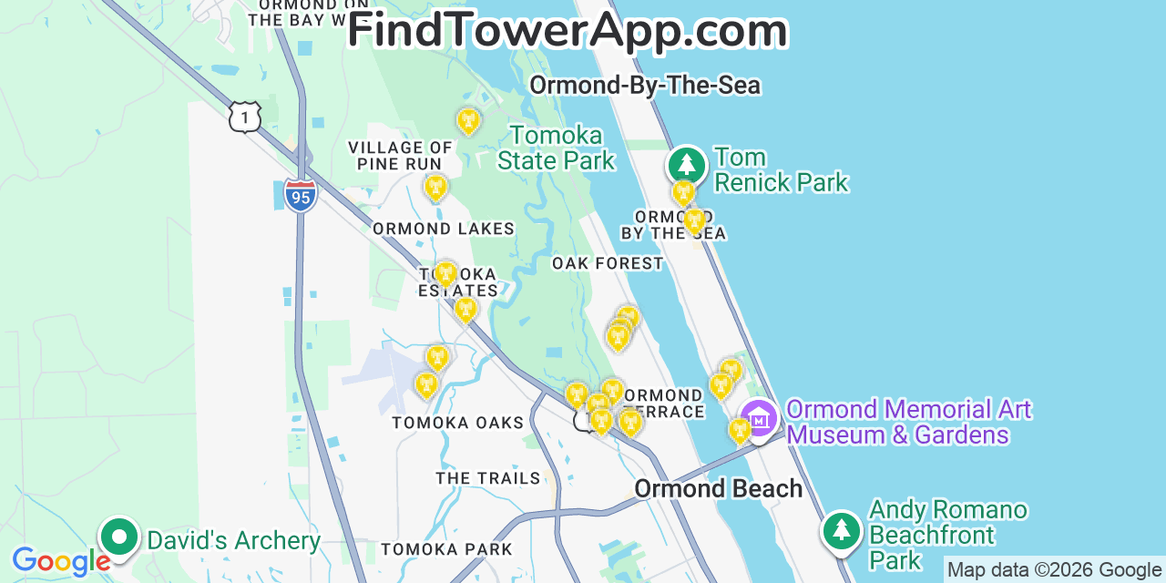 Map showing the 20 primary cell tower locations detected in Ormond By The Sea, Florida from AT&T, Verizon, and T-Mobile networks