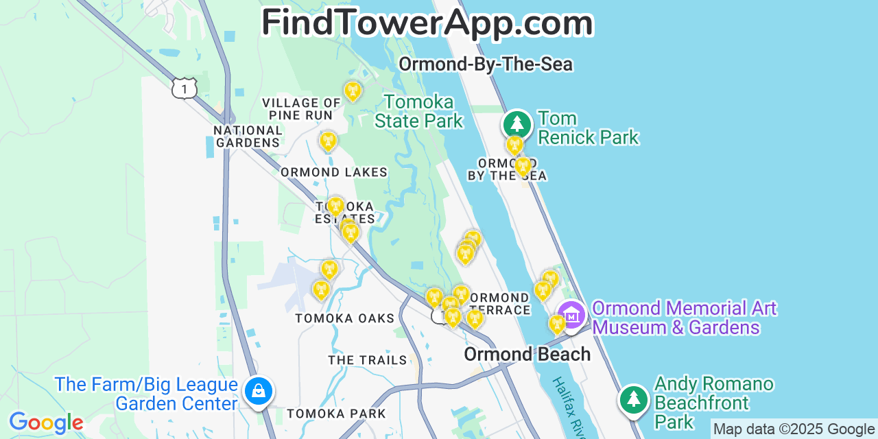 Map showing the 20 primary T-Mobile cell tower locations detected in Ormond By The Sea, Florida with coverage radius and signal strength indicators