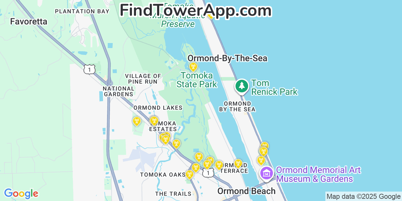 Map showing the 20 primary Verizon cell tower locations detected in Ormond By The Sea, Florida with coverage radius and signal strength indicators