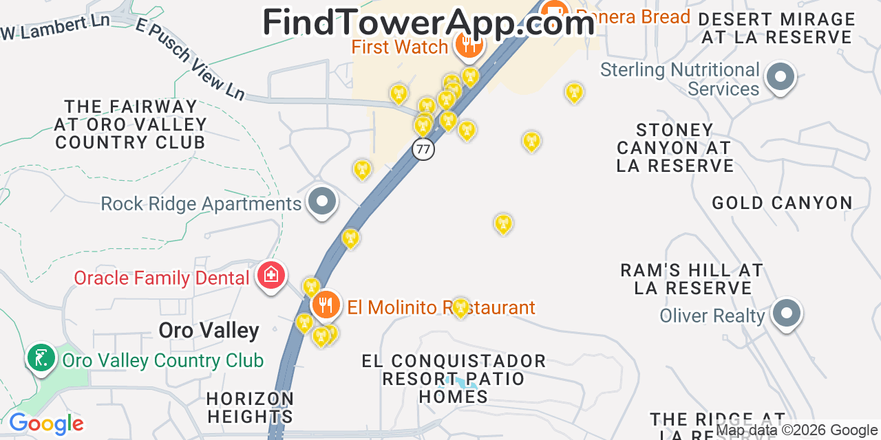Map showing the 20 primary cell tower locations detected in Oro Valley, Arizona from AT&T, Verizon, and T-Mobile networks