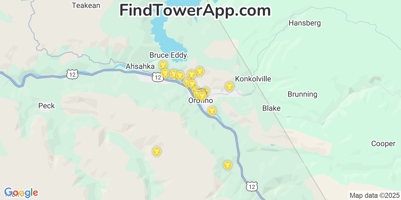 Map showing the 20 primary cell tower locations detected in Orofino, Idaho from AT&T, Verizon, and T-Mobile networks