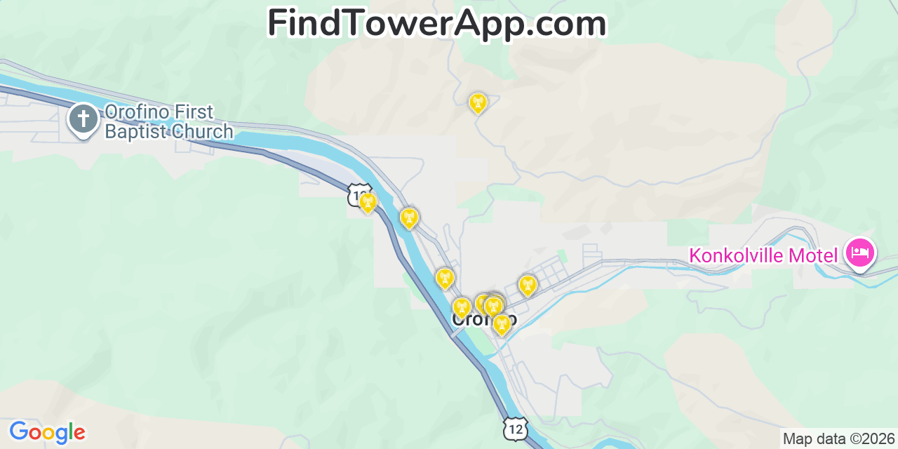 Map showing the 20 primary cell tower locations detected in Orofino, Idaho from AT&T, Verizon, and T-Mobile networks