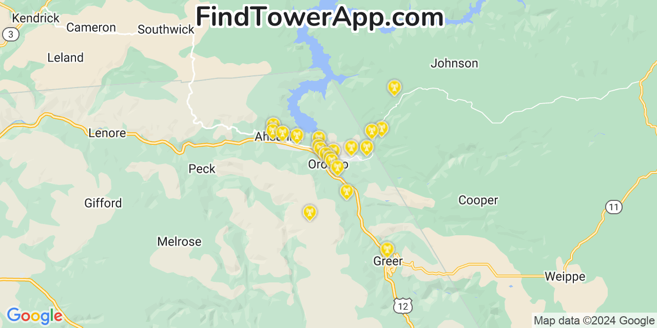 Verizon 4G/5G cell tower coverage map Orofino, Idaho