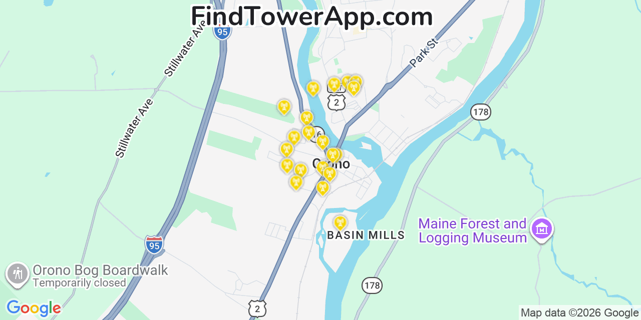 Map showing the 20 primary cell tower locations detected in Orono, Maine from AT&T, Verizon, and T-Mobile networks