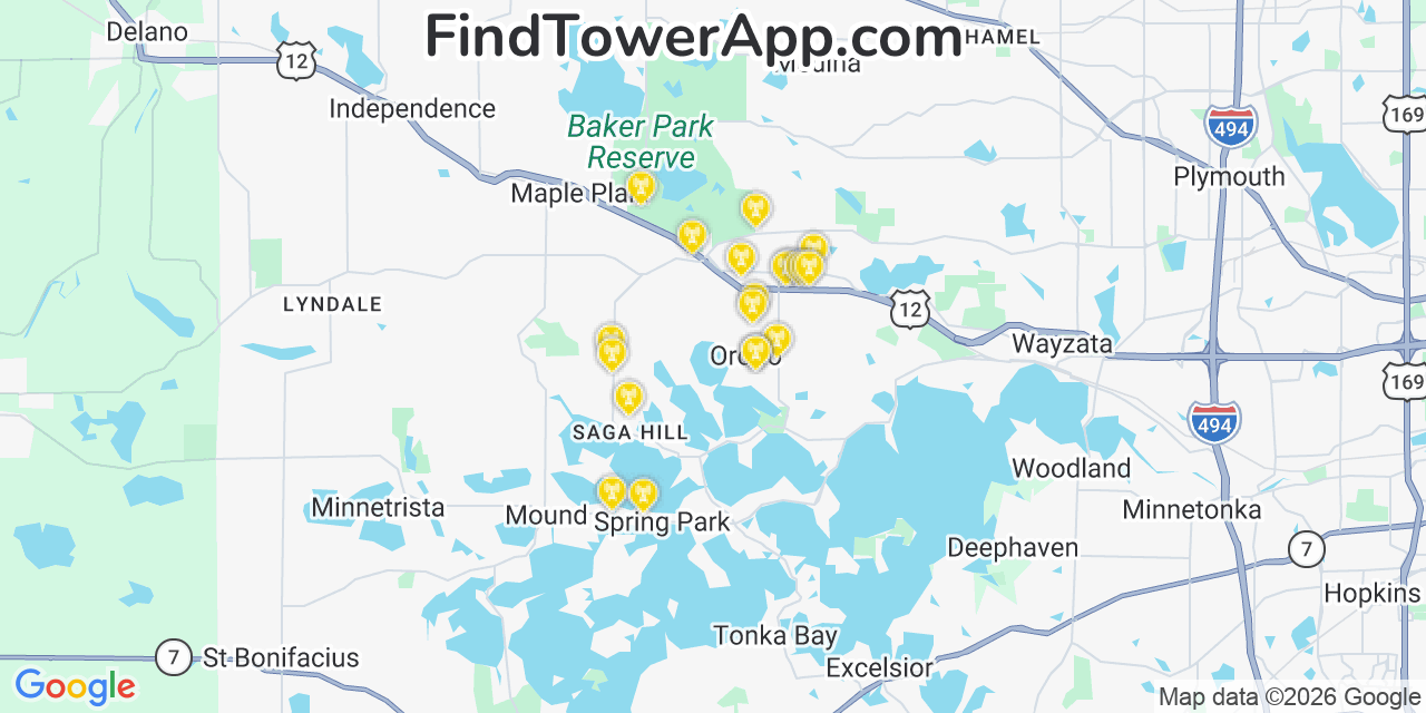Map showing the 20 primary cell tower locations detected in Orono, Minnesota from AT&T, Verizon, and T-Mobile networks