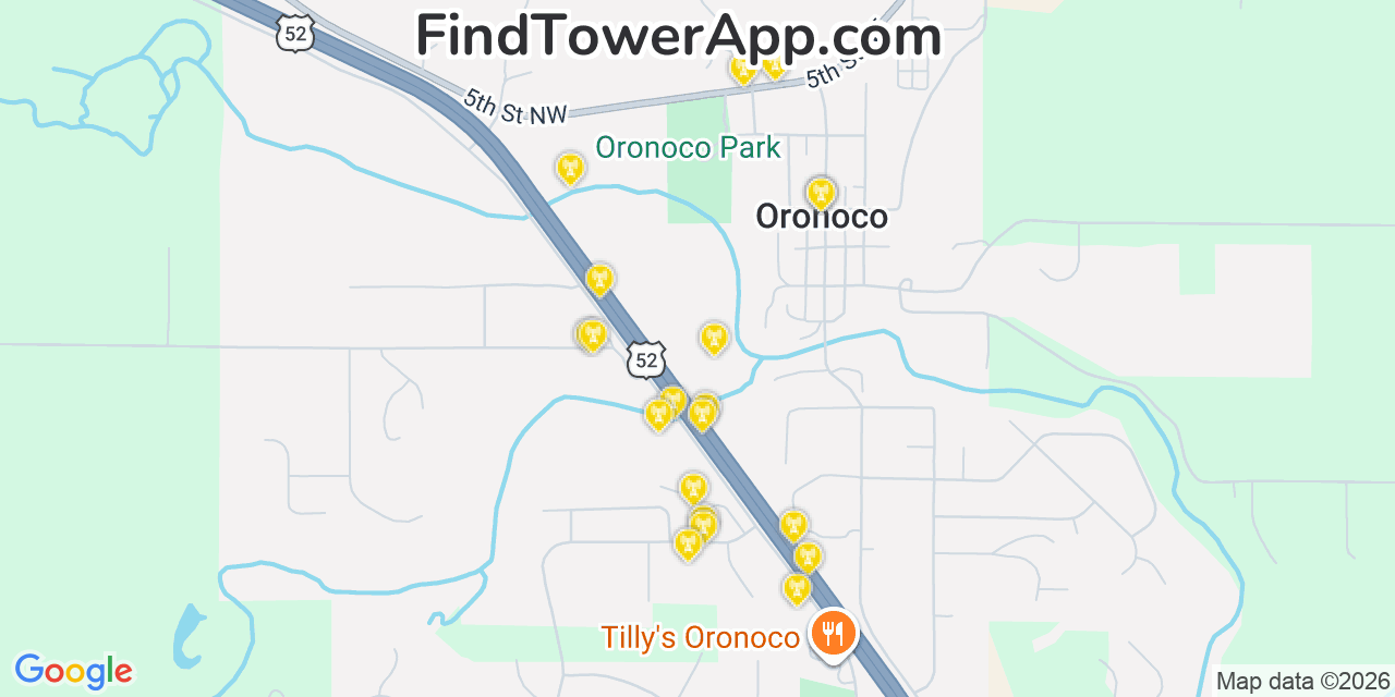 Map showing the 20 primary cell tower locations detected in Oronoco, Minnesota from AT&T, Verizon, and T-Mobile networks
