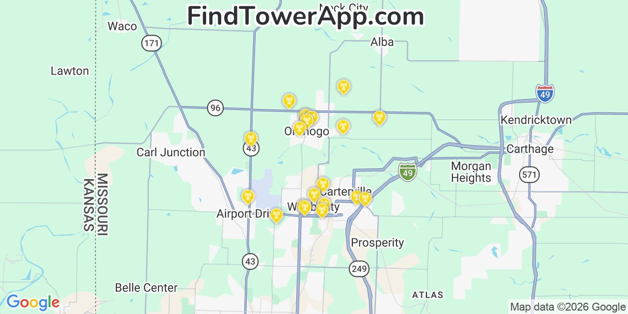 Map showing the 20 primary cell tower locations detected in Oronogo, Missouri from AT&T, Verizon, and T-Mobile networks