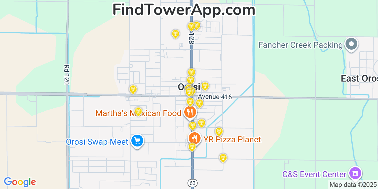Map showing the 20 primary cell tower locations detected in Orosi, California from AT&T, Verizon, and T-Mobile networks