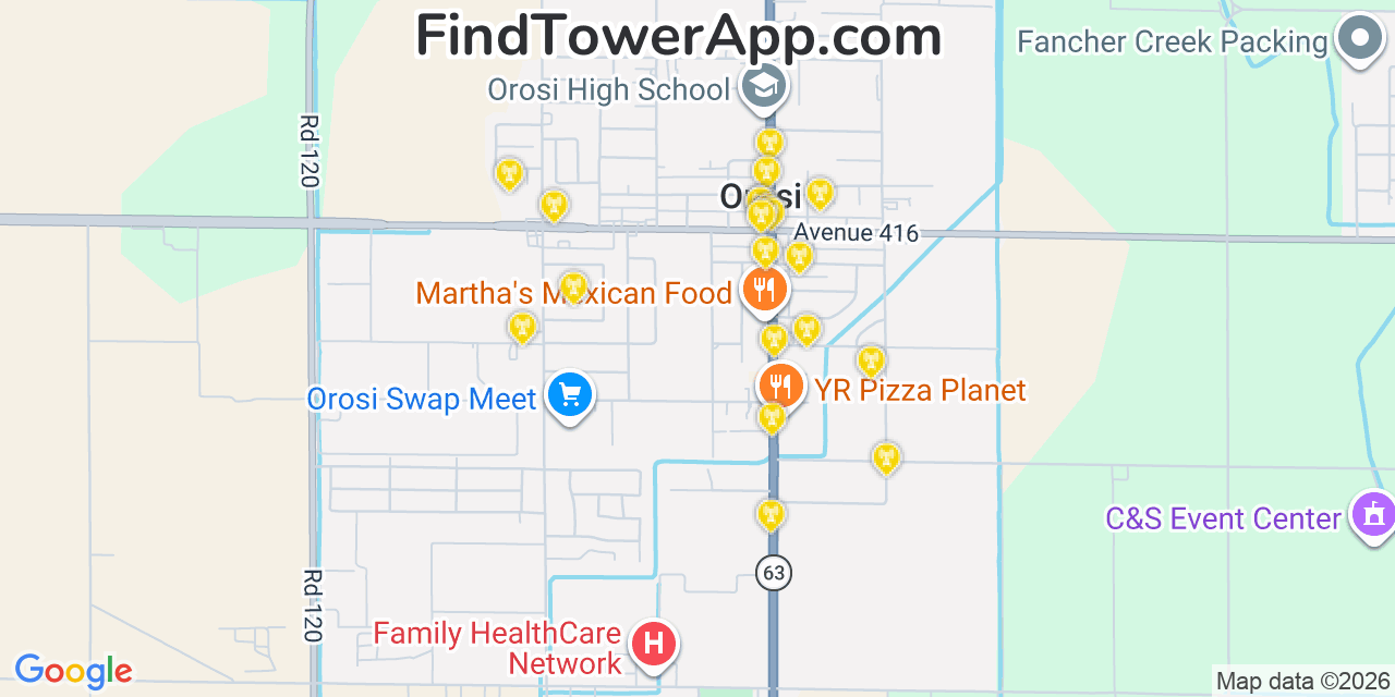 Map showing the 20 primary cell tower locations detected in Orosi, California from AT&T, Verizon, and T-Mobile networks