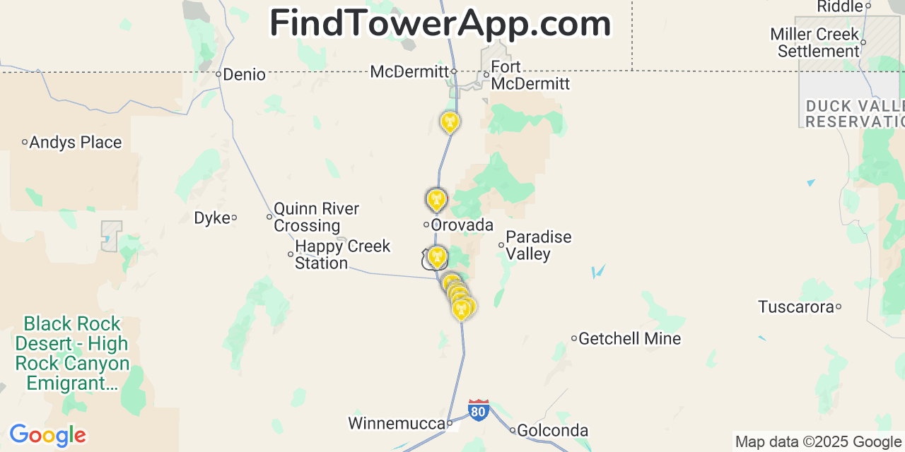 Map showing the 23 primary AT&T cell tower locations detected in Orovada, Nevada with coverage radius and signal strength indicators