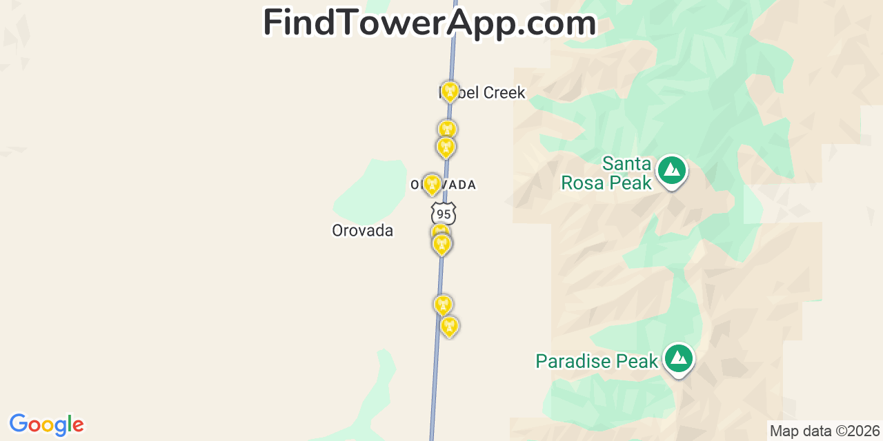 Map showing the 20 primary cell tower locations detected in Orovada, Nevada from AT&T, Verizon, and T-Mobile networks