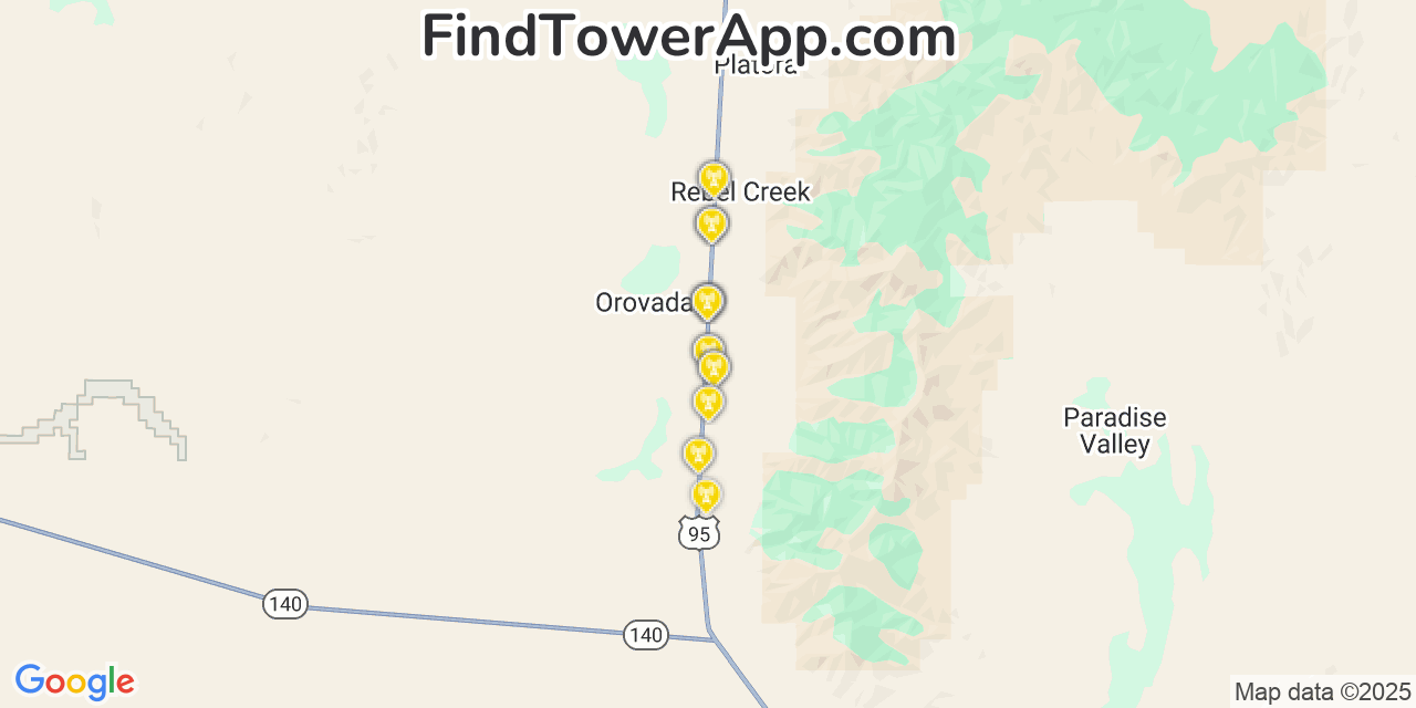 Map showing the 24 primary T-Mobile cell tower locations detected in Orovada, Nevada with coverage radius and signal strength indicators