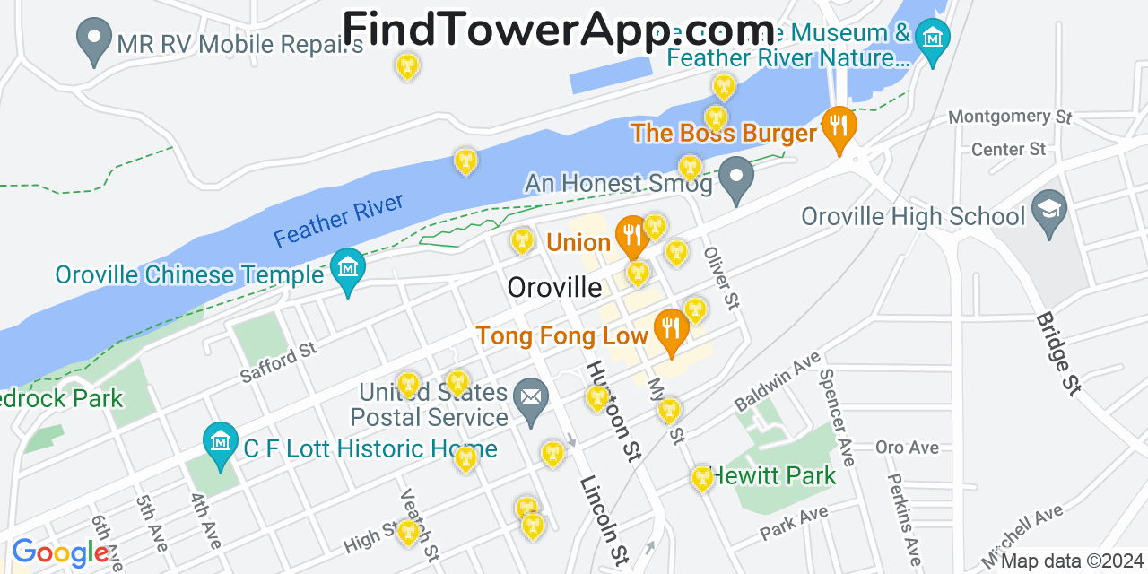 AT&T 4G/5G cell tower coverage map Oroville, California