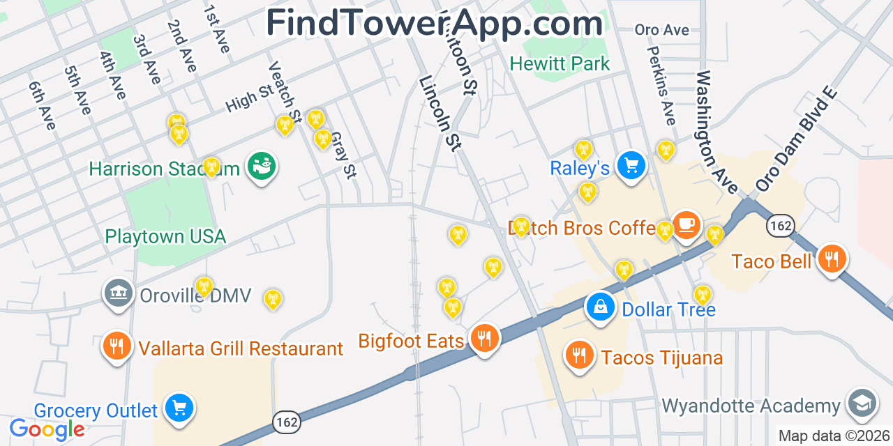 Map showing the 20 primary cell tower locations detected in Oroville, California from AT&T, Verizon, and T-Mobile networks