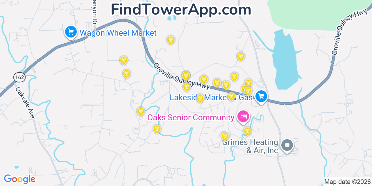 Map showing the 20 primary cell tower locations detected in Oroville East, California from AT&T, Verizon, and T-Mobile networks
