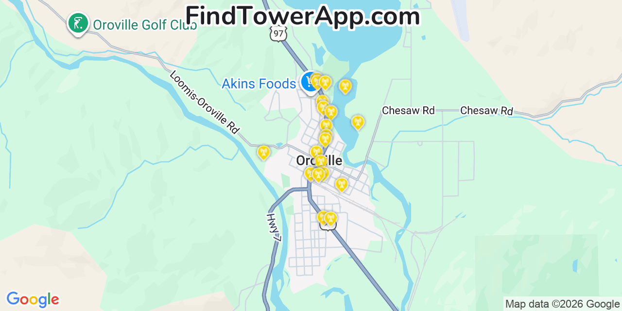Map showing the 20 primary cell tower locations detected in Oroville, Washington from AT&T, Verizon, and T-Mobile networks