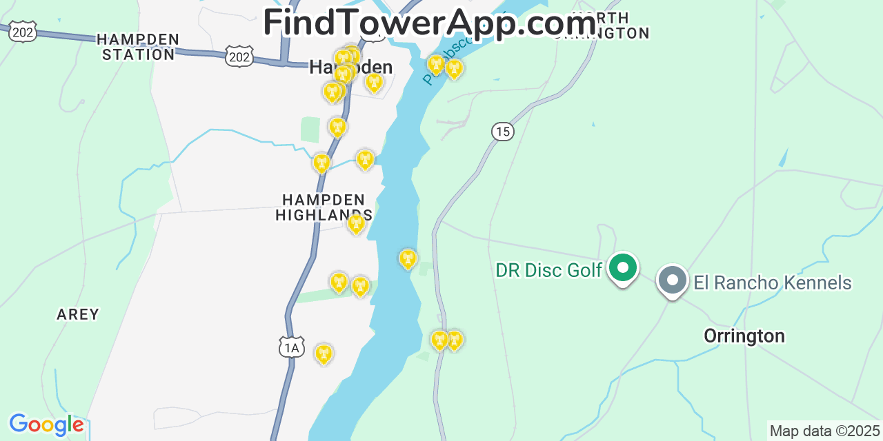Map showing the 20 primary cell tower locations detected in Orrington, Maine from AT&T, Verizon, and T-Mobile networks