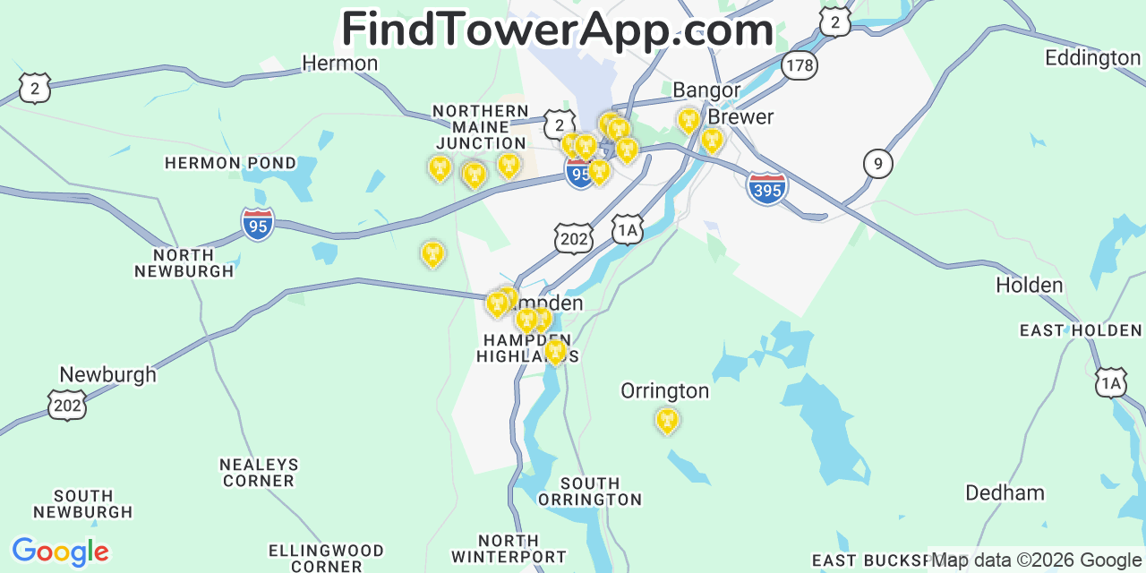 Map showing the 20 primary cell tower locations detected in Orrington, Maine from AT&T, Verizon, and T-Mobile networks
