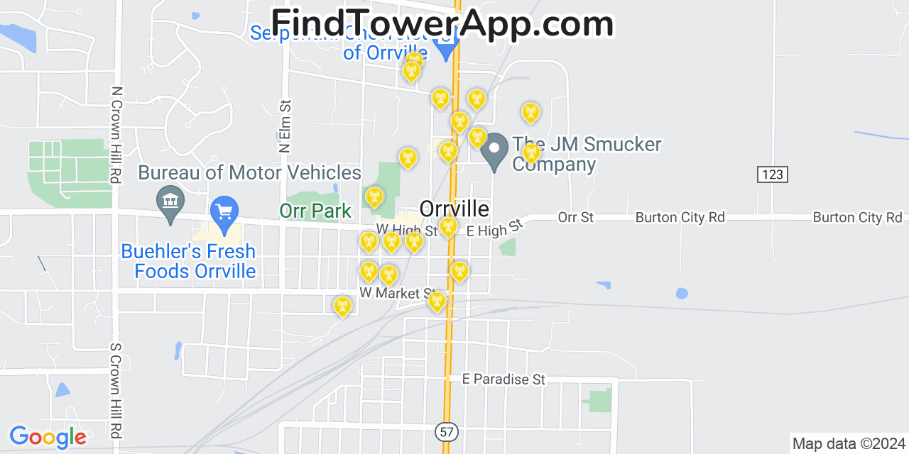 AT&T 4G/5G cell tower coverage map Orrville, Ohio