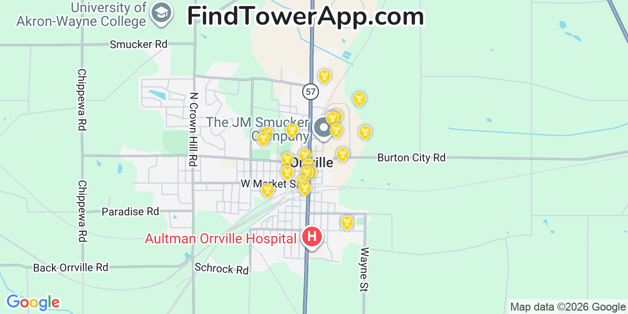Map showing the 20 primary cell tower locations detected in Orrville, Ohio from AT&T, Verizon, and T-Mobile networks