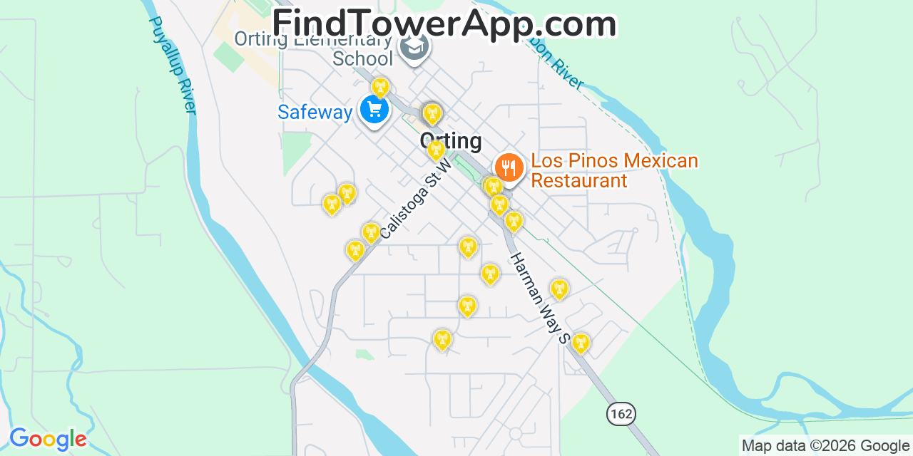 Map showing the 20 primary cell tower locations detected in Orting, Washington from AT&T, Verizon, and T-Mobile networks