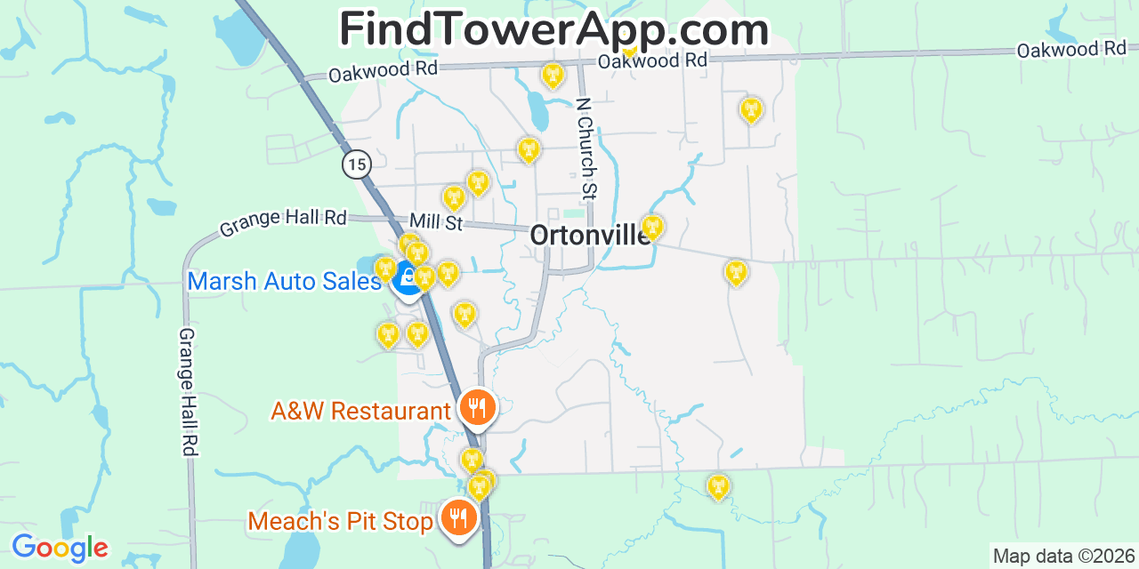 Map showing the 20 primary cell tower locations detected in Ortonville, Michigan from AT&T, Verizon, and T-Mobile networks
