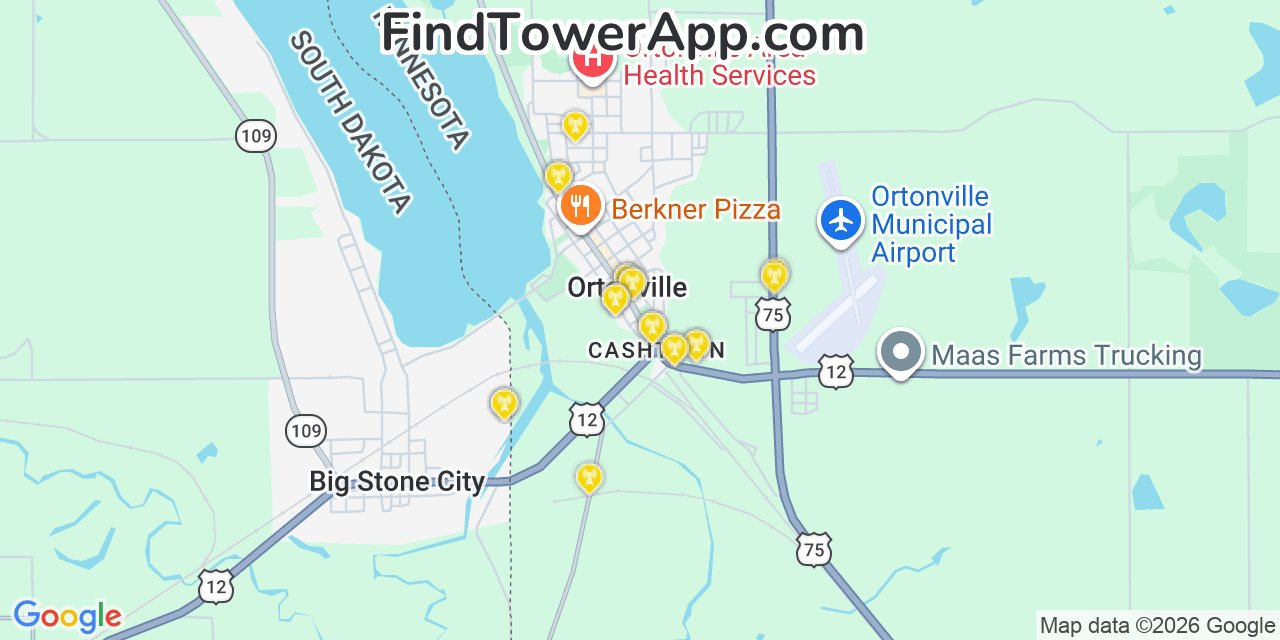 Map showing the 20 primary cell tower locations detected in Ortonville, Minnesota from AT&T, Verizon, and T-Mobile networks