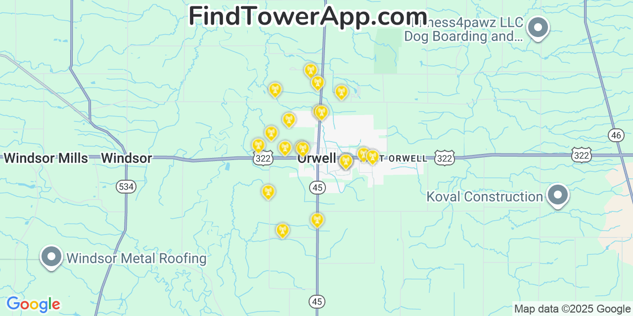 Map showing the 20 primary cell tower locations detected in Orwell, Ohio from AT&T, Verizon, and T-Mobile networks