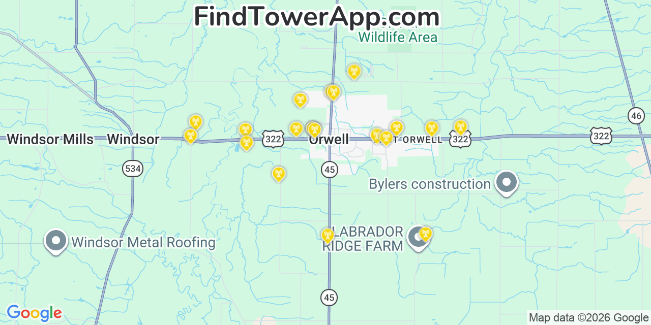 Map showing the 20 primary cell tower locations detected in Orwell, Ohio from AT&T, Verizon, and T-Mobile networks