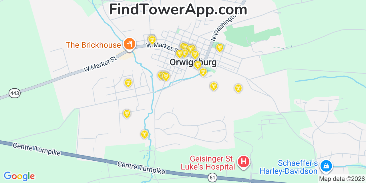 Map showing the 20 primary cell tower locations detected in Orwigsburg, Pennsylvania from AT&T, Verizon, and T-Mobile networks