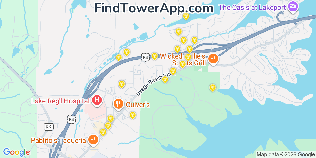 Map showing the 20 primary cell tower locations detected in Osage Beach, Missouri from AT&T, Verizon, and T-Mobile networks