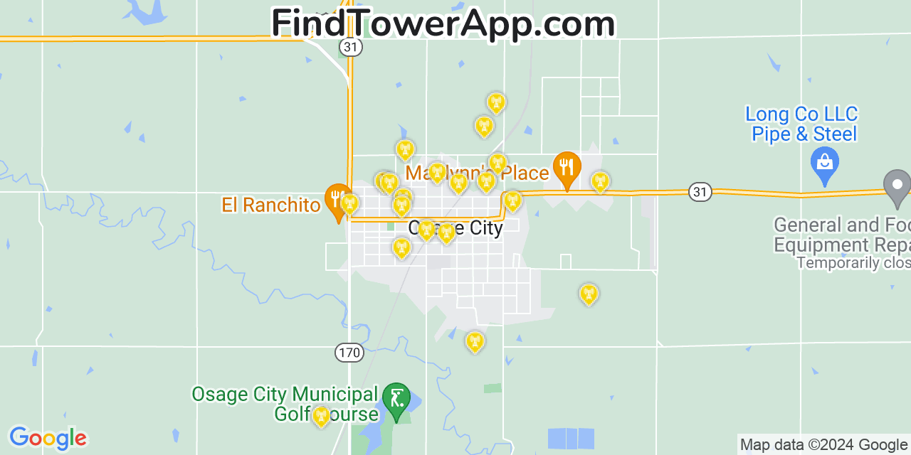 AT&T 4G/5G cell tower coverage map Osage City, Kansas