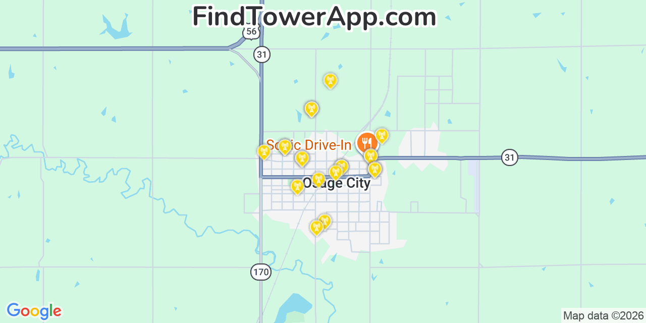 Map showing the 20 primary cell tower locations detected in Osage City, Kansas from AT&T, Verizon, and T-Mobile networks