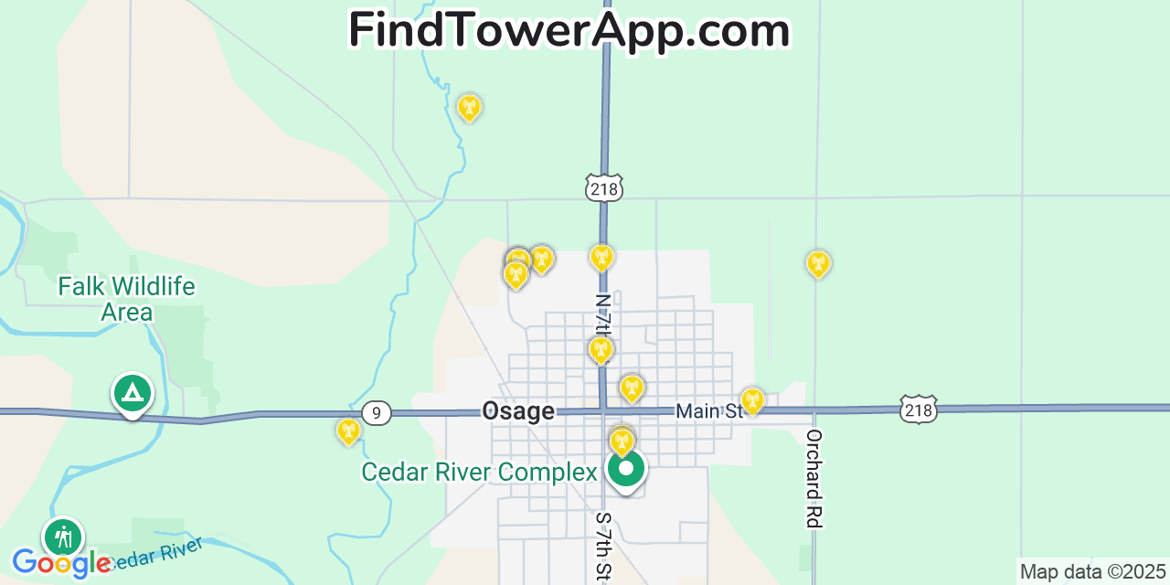 Map showing the 20 primary cell tower locations detected in Osage, Iowa from AT&T, Verizon, and T-Mobile networks