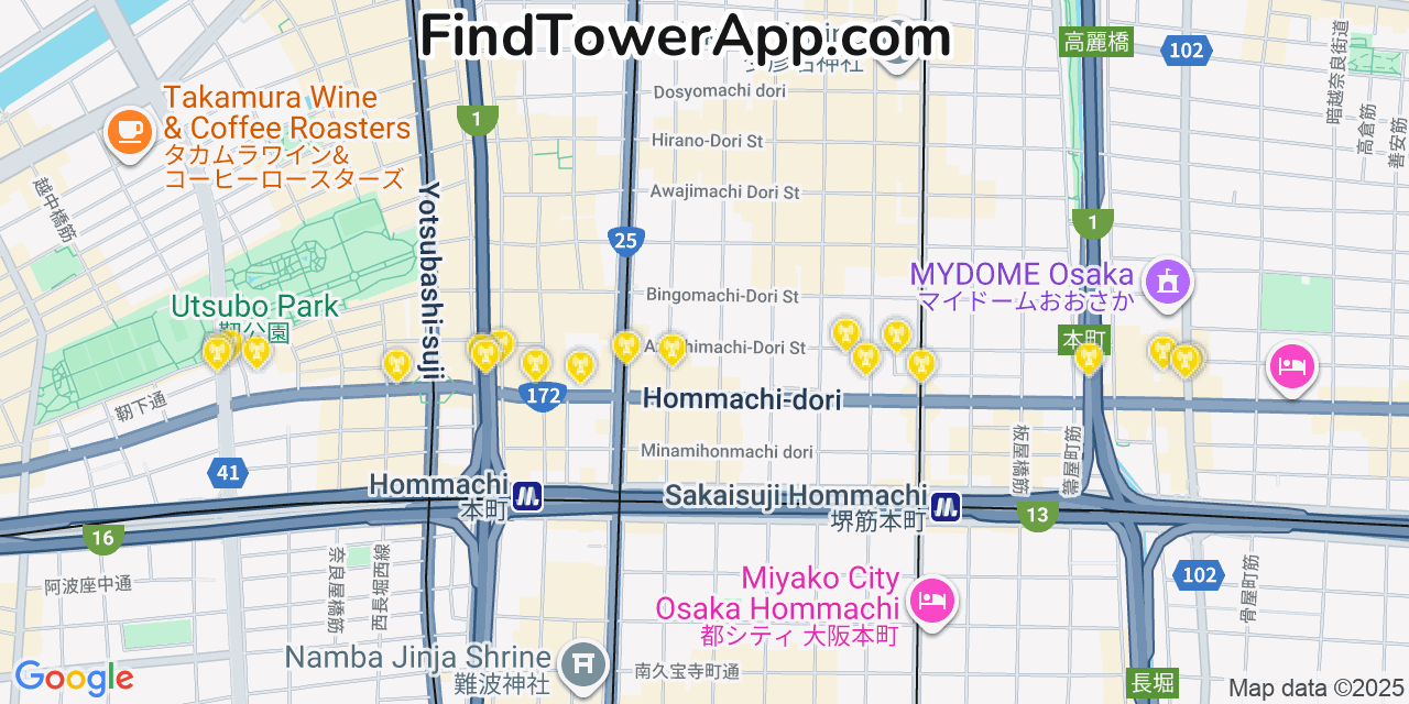 Map showing the 20 primary cell tower locations detected in Osaka, Japan with coverage areas and signal strength
