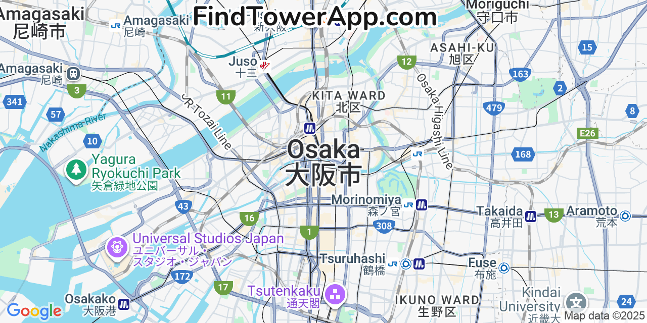 Map showing the 0 primary Y!mobile cell tower locations detected in Osaka, Japan with coverage radius and signal strength indicators