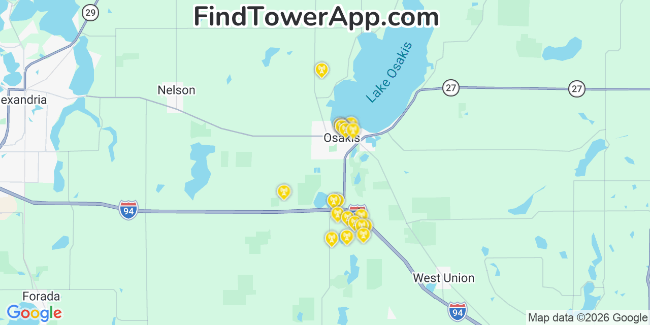 Map showing the 20 primary cell tower locations detected in Osakis, Minnesota from AT&T, Verizon, and T-Mobile networks