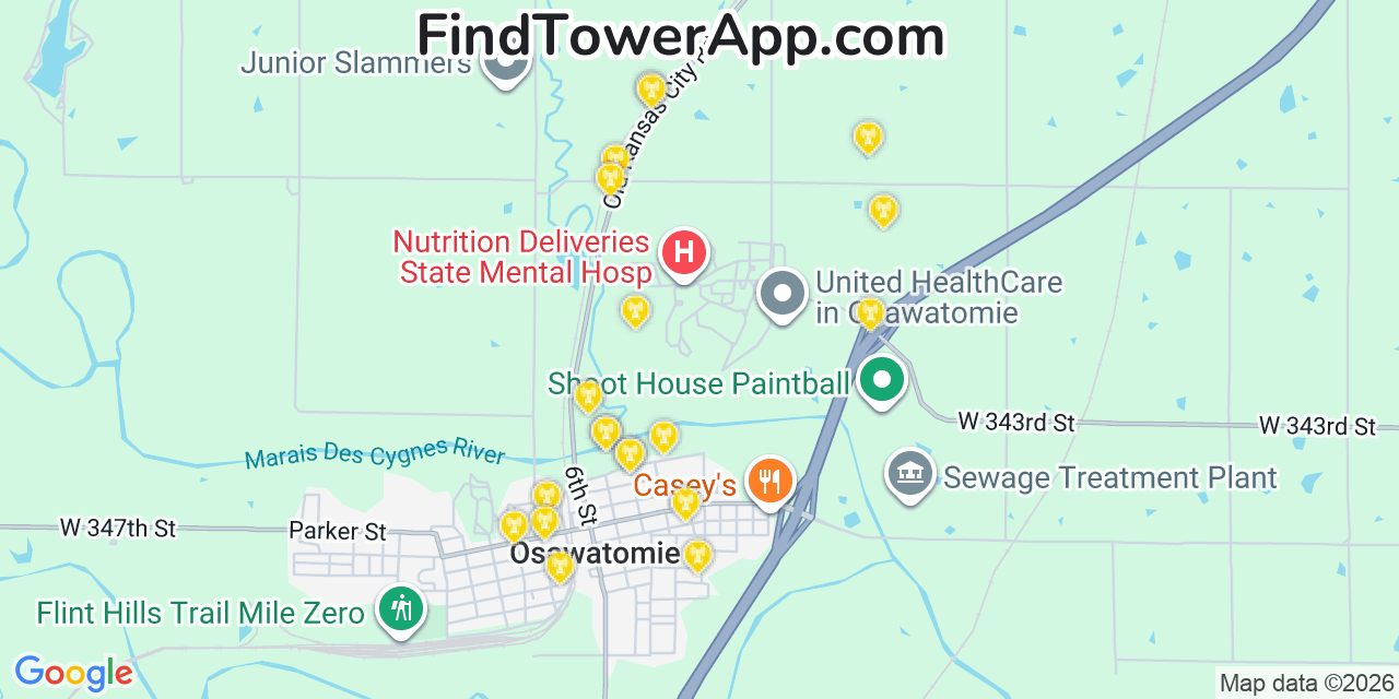 Map showing the 20 primary cell tower locations detected in Osawatomie, Kansas from AT&T, Verizon, and T-Mobile networks