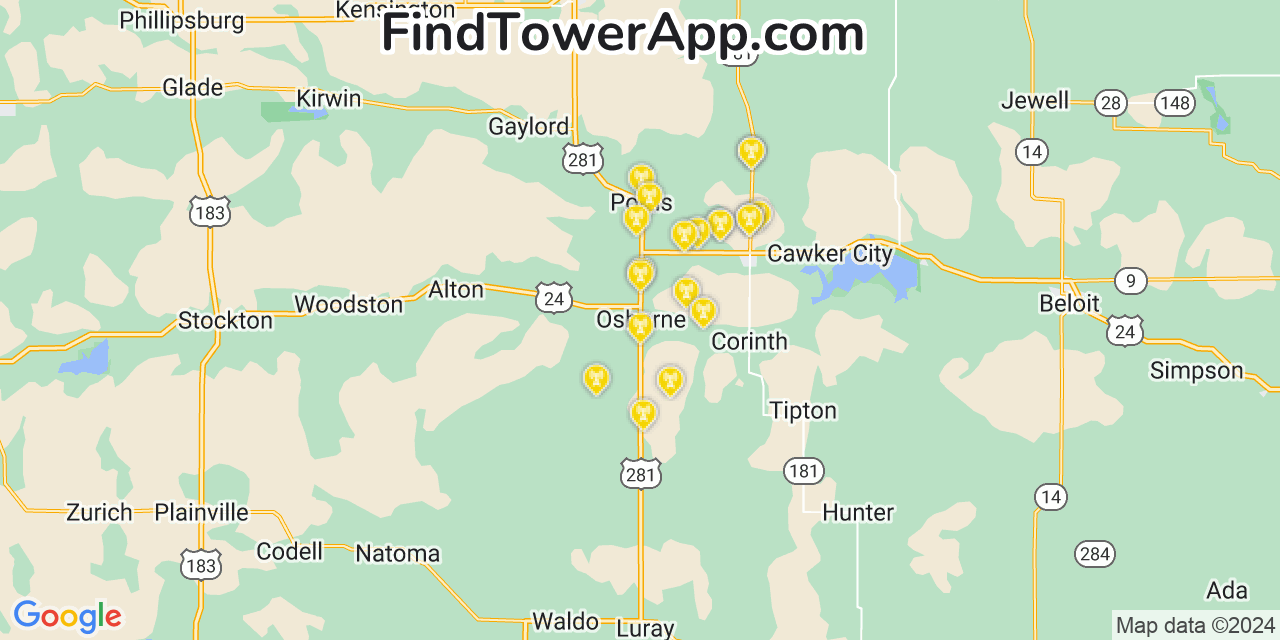 AT&T 4G/5G cell tower coverage map Osborne, Kansas