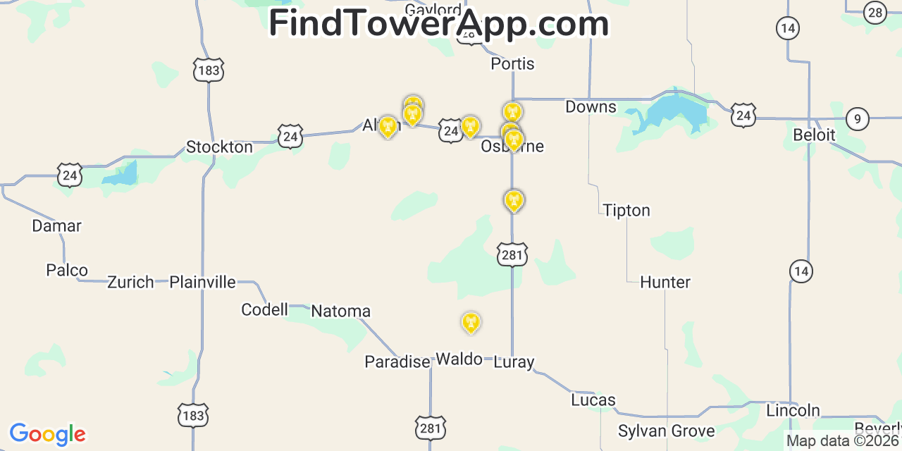 Map showing the 20 primary cell tower locations detected in Osborne, Kansas from AT&T, Verizon, and T-Mobile networks