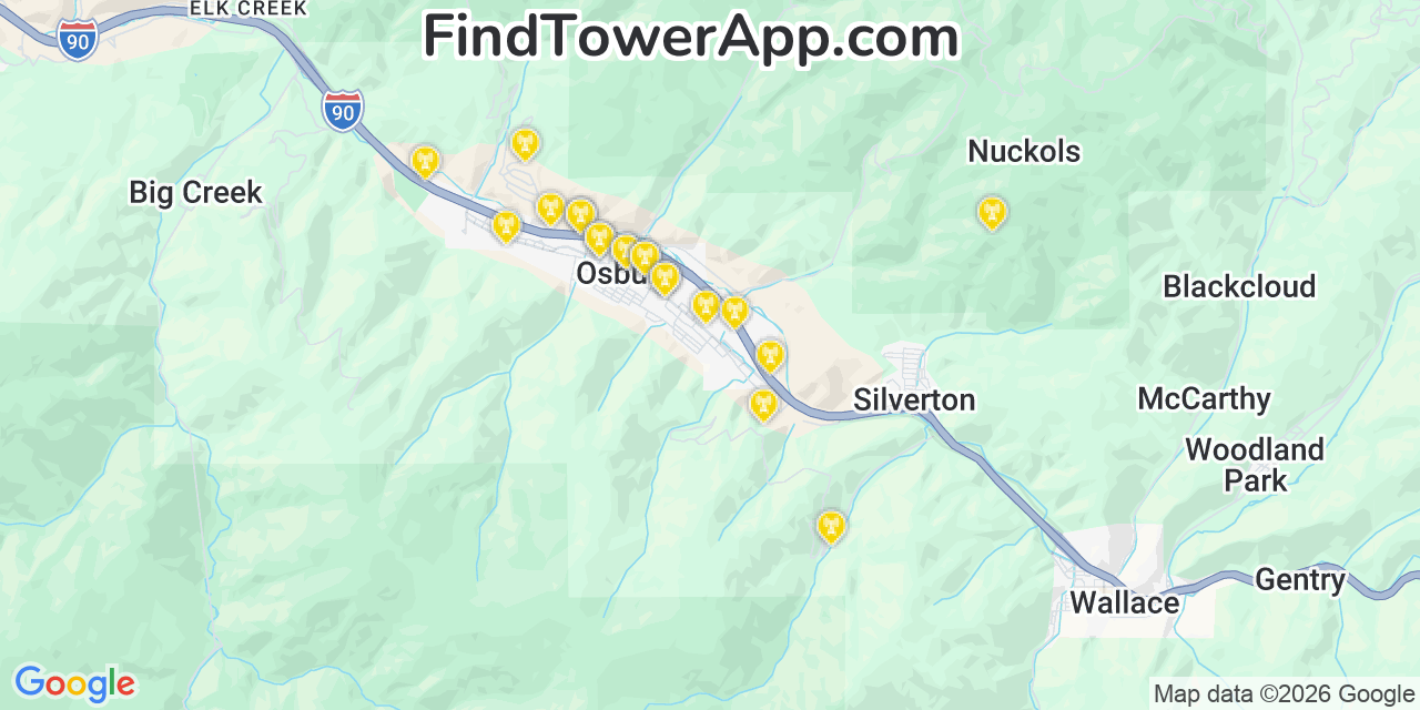 Map showing the 20 primary cell tower locations detected in Osburn, Idaho from AT&T, Verizon, and T-Mobile networks