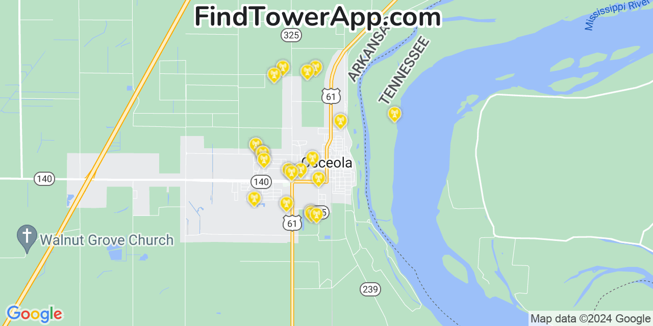 AT&T 4G/5G cell tower coverage map Osceola, Arkansas