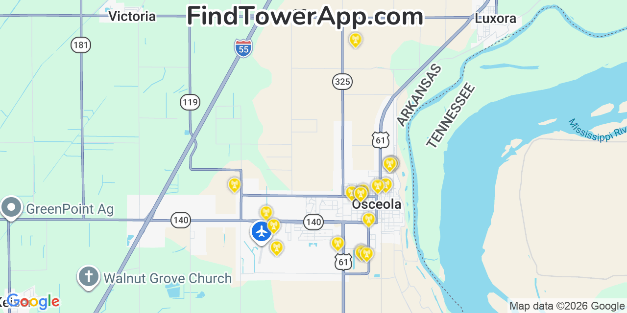 Map showing the 20 primary cell tower locations detected in Osceola, Arkansas from AT&T, Verizon, and T-Mobile networks